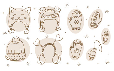 A set of hand-drawn winter clothing. Vector illustration in doodle style. Winter mood. Hello 2023. Merry Christmas and Happy New Year. Brown hats, mittens and glove on a white background.