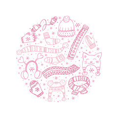 A set of hand-drawn winter clothing. Vector illustration in doodle style. Winter mood. Hello 2023. Merry Christmas and Happy New Year. Pink elements in the shape of a circle on a white background.