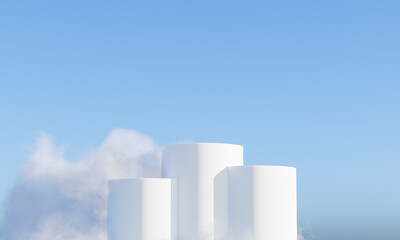Podium with cloud and sky background advertising display. 3D rendering.