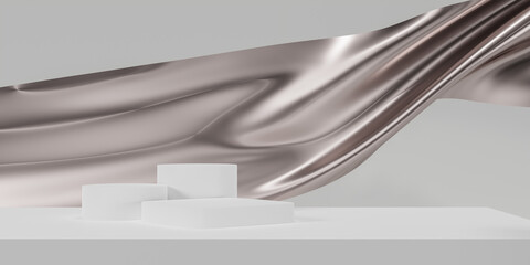 Silver color podium on silver fabric flying wave. Luxury background for branding and product presentation. 3d rendering illustration.