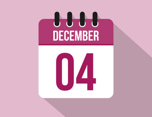 4 day December calendar. Calendar vector for December in pink color on light background