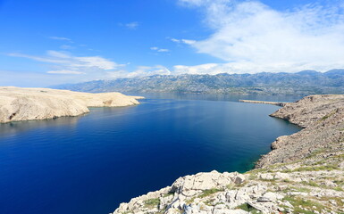 Pag island, Adriatic sea and mountain Velebit in background, Croatia