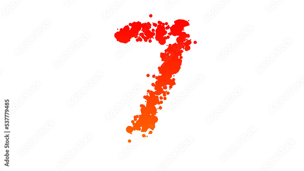 Poster orange - red cartoon colour blots style alphabet, number 7, isolated - object 3d rendering