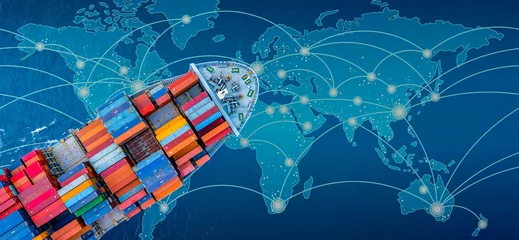Poster Global business import export logistic and transportation by container cargo ship, Top view container ship with world planet map, Container ship cargo freight shipping delivery network worldwide. © Kalyakan
