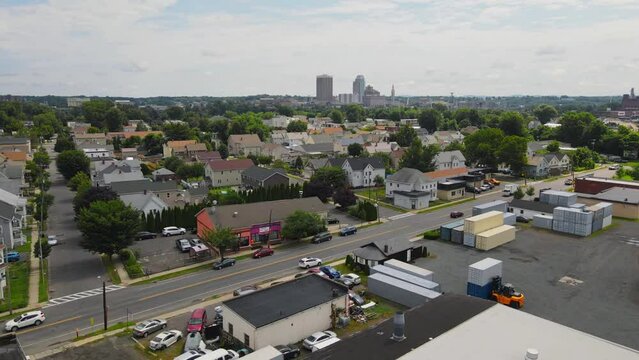 An aerial drone shot of downtown Springfield in the afternoon