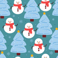 seamless pattern cartoon snowman and christmas tree. cute winter wallpaper for gift wrap paper