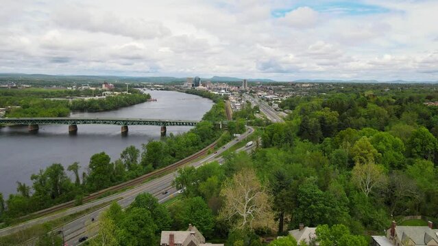 Springfield downtown from the voew of Forest Park and the highway running through, I-91