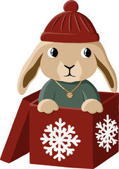 A cute little hare in a red hat peeks out of a gift box with snowflakes