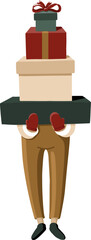Vector New Year character holding a lot of colorful gift boxes in his hands
