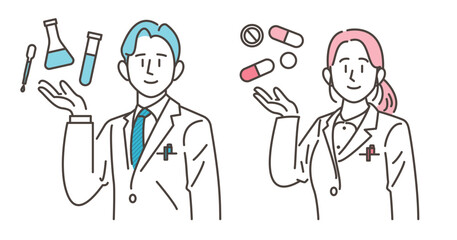 Vector illustration of a smiling male and female pharmacist. They are carrying medicines and dispensing tools in their palms.