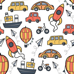 Scandinavian vehicle bright kids seamless pattern with doodles. 
