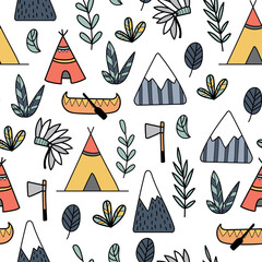 Scandinavian native bright kids seamless pattern with doodles.  © marialetta