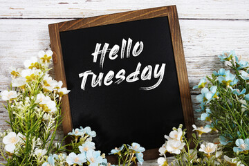 Hello Tuesday text message with flower decoration on wooden background