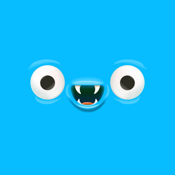 Vector funny blue monster face with open mouth with fangs and eyes isolated on blue background. Halloween cute and funky monster design template for poster, banner and tee print