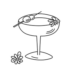 Drink, alcoholic cocktail, festive beverage for holiday celebrating. Use for decorating design menu. Hand-drawn doodle style. Editable stroke. Isolated. Vector illustration