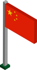 China Flag on Flagpole in Isometric dimension.