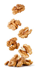 Walnut falls on a pile close-up on a white background. Isolated