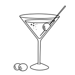 Drink, alcoholic cocktail, festive beverage for holiday celebrating. Use for decorating design menu. Hand-drawn doodle style. Editable stroke. Isolated. Vector illustration
