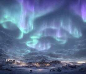  digital art painting of a legendary mythical city in tundra at night, Aurora Borealis, 3d render, Northern lights