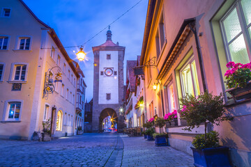 Old town of Rothenburg ob der Tauber at dawn, Franconia, Bavaria, Germany