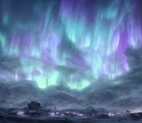  digital art painting of a legendary mythical city in tundra at night, Aurora Borealis, 3d render, Northern lights