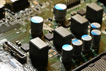 Detail of electronic components on a modern pc motherboard
