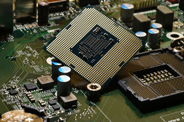 Detail of CPU on a PC Motherboard. High tech technology background