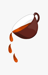 A cup with a drop of tea or coffee in the speaker. Tea and cups are being poured. realistic vector illustration isolated on a white background.