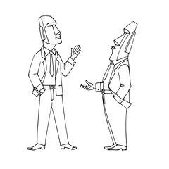 Tourist guides from Easter Island. Moai monuments. Idols of the corporation. Vector illustration with black ink lines isolated on white background in a cartoon style.