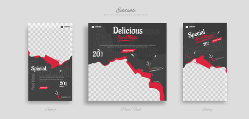 set editable food menu social media post and story template. vector illustration