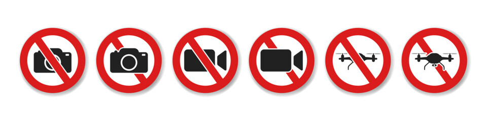 No Photographing prohibition sign symbol icon. Forbidden photography and   video record.Stop no drone zone signs. No fly camera video drones sign. Vector icon . 10 eps