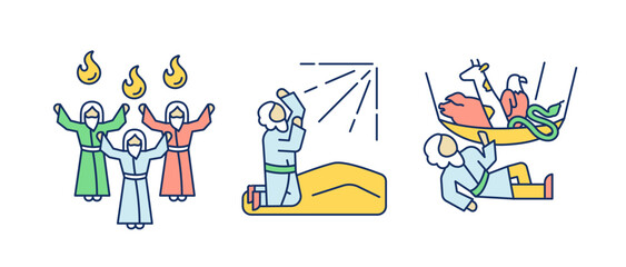 Biblical stories RGB color icons set. Early christians. Religious legends. Christianity narratives. Isolated vector illustrations. Simple filled line drawings collection. Editable stroke