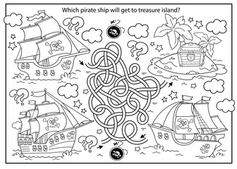Maze or Labyrinth Game. Puzzle. Tangled road. Coloring Page Outline Of cartoon pirate ships with treasure island. Coloring book for kids.