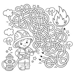 Maze or Labyrinth Game. Puzzle. Tangled road. Coloring Page Outline Of cartoon fireman or firefighter with  hydrant. Fire fighting. Coloring book for kids.