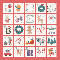 Fototapeta na wymiar Christmas advent calendar with cute animals and traditional symbols. Vector illustration with winter elements.
