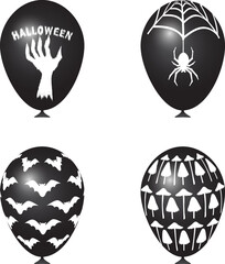 A set of balloons for Halloween. Realistic black balls with an inscription and text, a hand, a spider and a web, a bat, mushrooms and toadstools