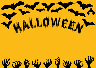 Rectangular Halloween template with black bats, lettering and sinister hands