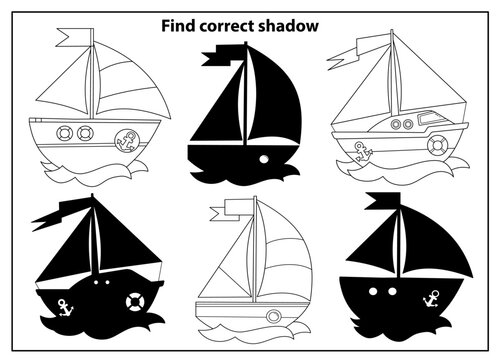 Puzzle Game for kids. Find correct shadow. Images of sea transport. Cartoon sail ships. Coloring book for children