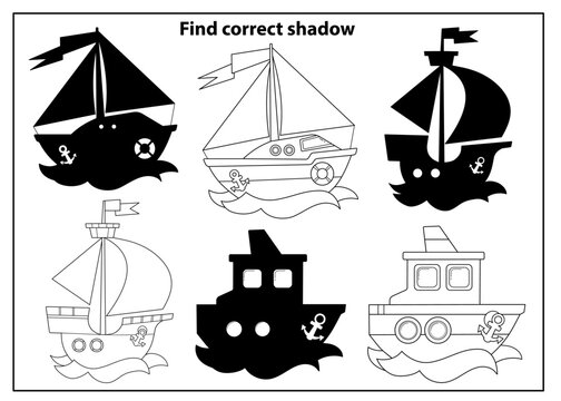 Puzzle Game for kids. Find correct shadow. Images of sea transport. Cartoon sail ships and steamer. Coloring book for children