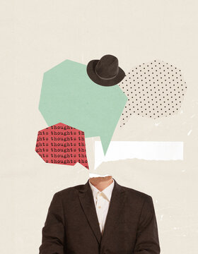 Fototapeta Contemporary art collage. Conceptual image with male silhouette in a suit. Overthinking process
