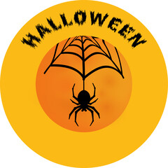 Round yellow Halloween sticker with a spider on the web. Square vector template