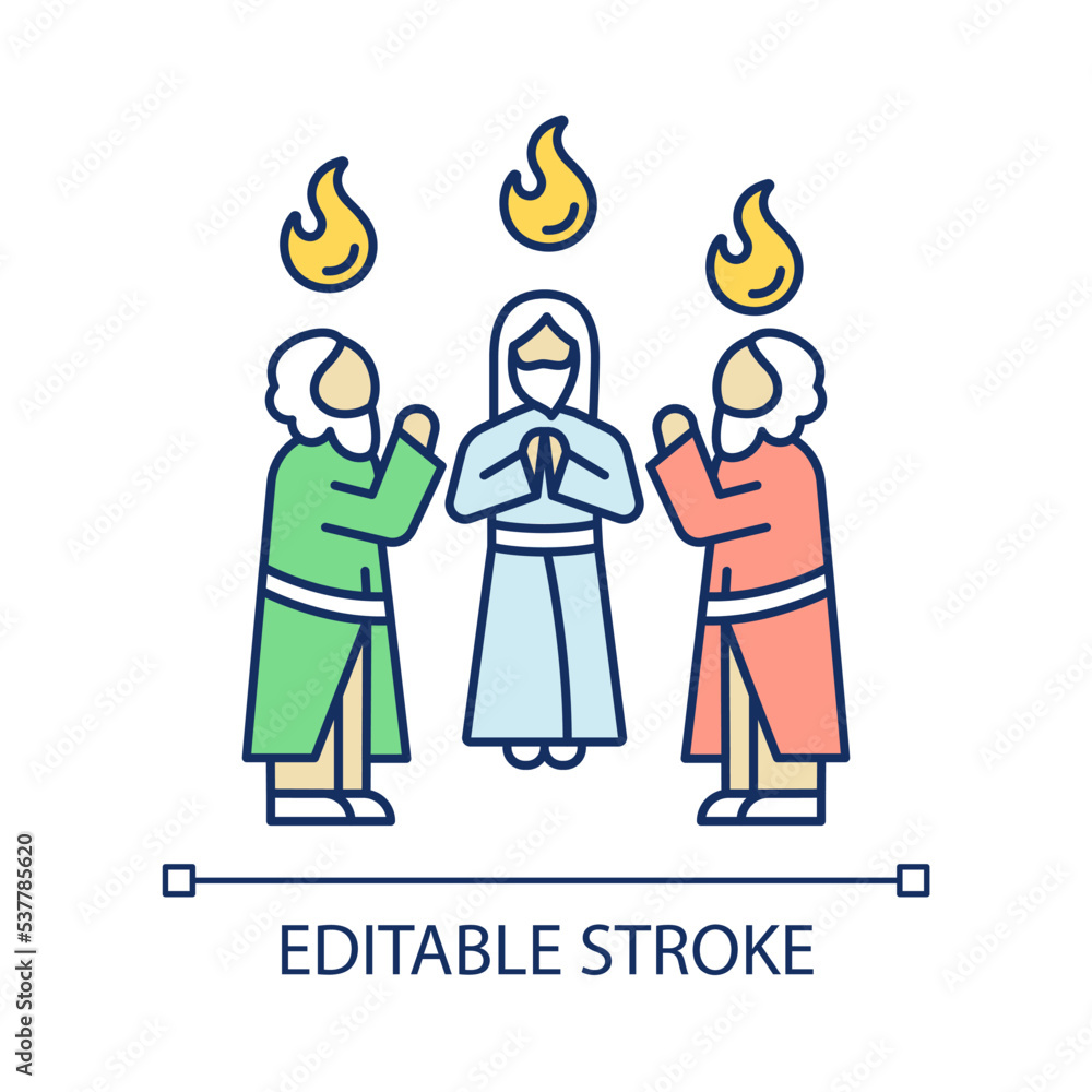 Sticker Apostles with holy tongues of fire RGB color icon. Pentecost celebration. Men stand in circle and pray. Isolated vector illustration. Simple filled line drawing. Editable stroke. Arial font used