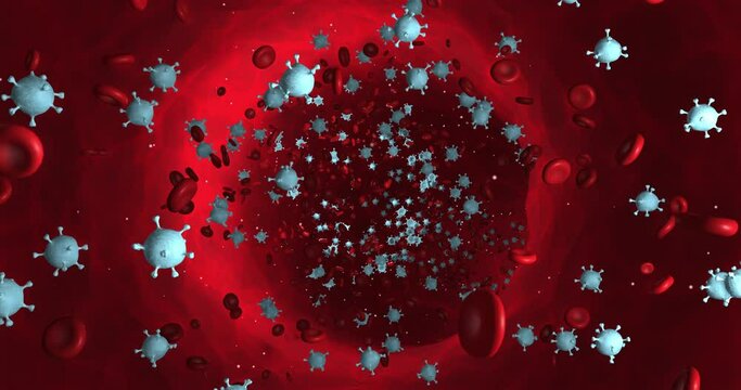 Virus Inside Of Human Blood Stream. Infected Body. Pandemic Disease. Science And Health Related 3D Animation.