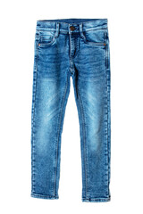 Blue jeans. Closeup of a trendy stylish blue denim pants or trousers for boys isolated on a white...