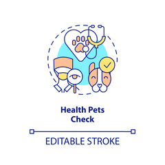 Health pets check concept icon. Domestic animal insurance. Veterinary medical examine abstract idea thin line illustration. Isolated outline drawing. Editable stroke. Arial, Myriad Pro-Bold fonts used