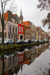 Old town of Delft , Canal city  and bridges with classic buildings since medieval : Delft , Netherlands : November 28 , 2019