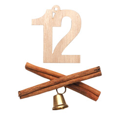 Wooden number twelve, twelfth December, Advent calendar, wooden number on a transparent background