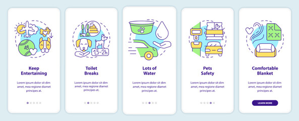 Long traveling with pets onboarding mobile app screen. Animal comfort walkthrough 5 steps editable graphic instructions with linear concepts. UI, UX, GUI template. Myriad Pro-Bold, Regular fonts used