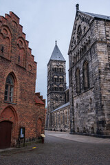 Historic facades of Lund Cathedral on winter day in Lund Sweden
