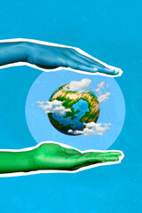 Creative photo 3d collage poster postcard artwork of arm people protect save planet clean...